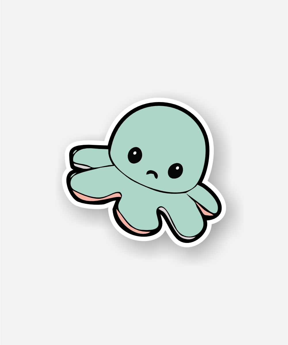Cute sad octopus sticker featuring a green octopus with a sad expression.