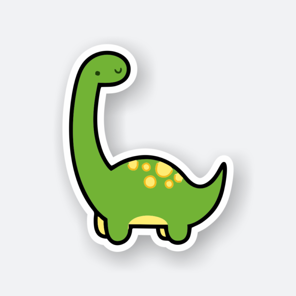 Green dino sticker featuring a friendly dinosaur.
