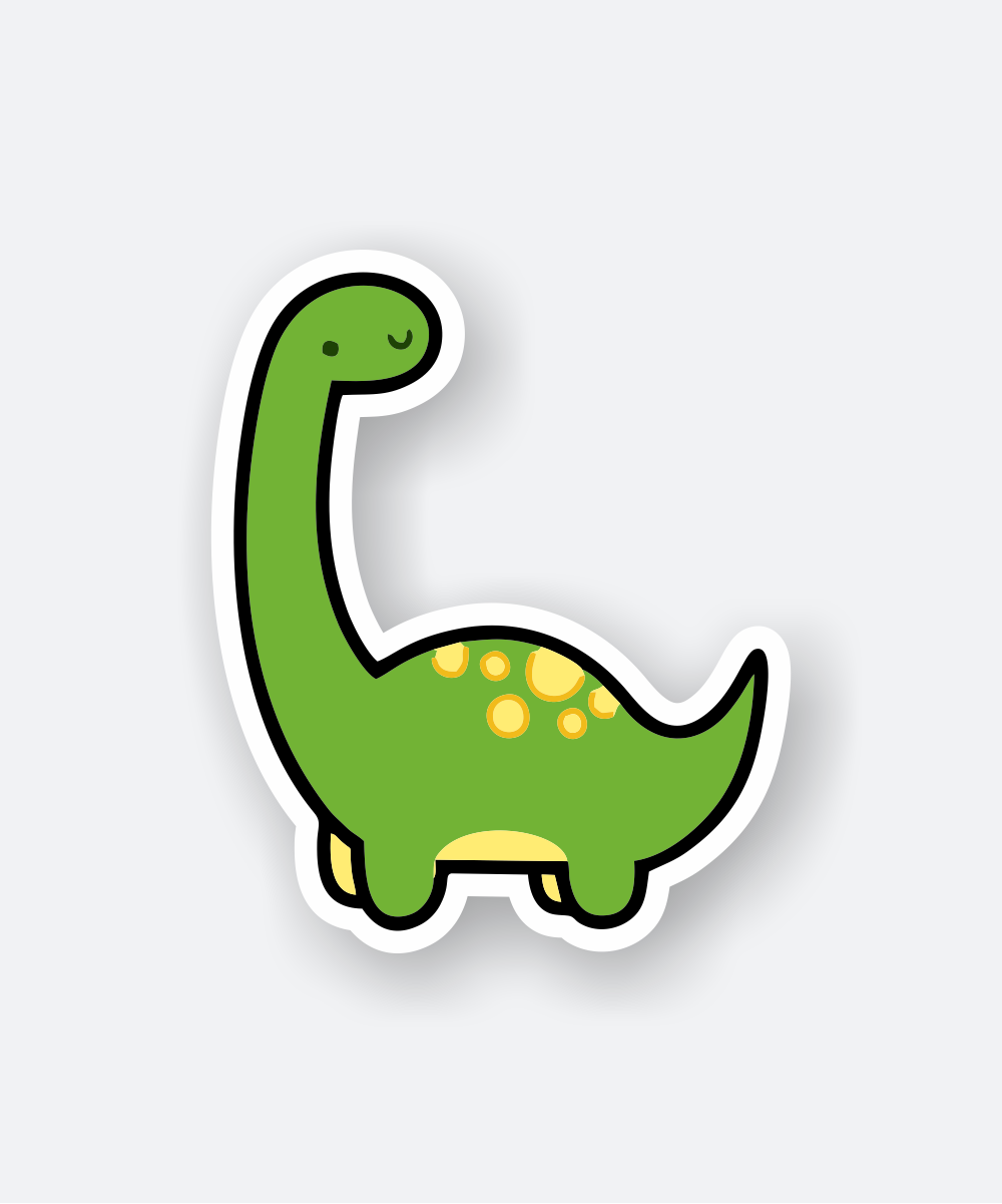 Green dino sticker featuring a friendly dinosaur.