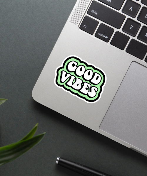 Mockup showing the Good Vibes sticker applied on a water bottle.