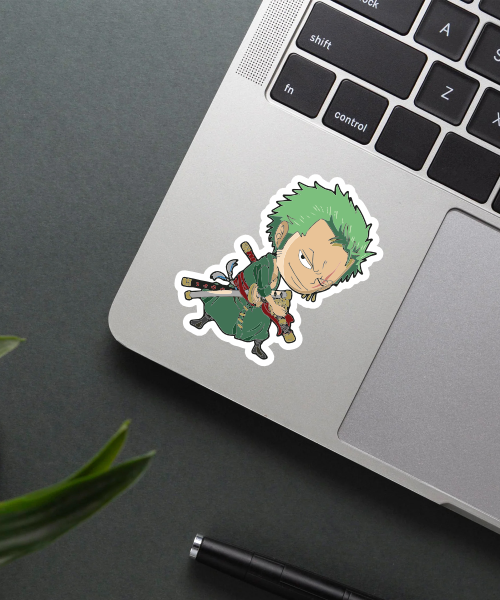 roronoa zoro anime sticker on laptop showing swords and green hair