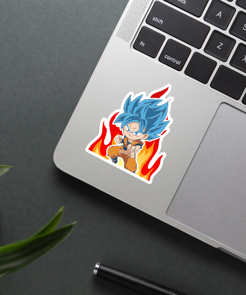 goku super saiyan blue anime sticker on laptop surface showing vibrant colors and fiery design