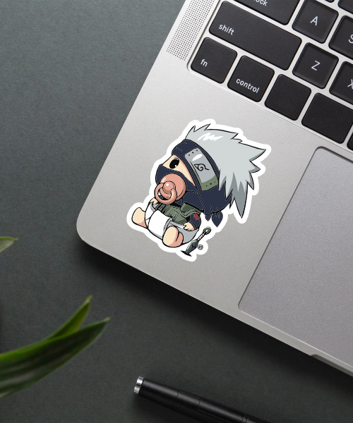 cute kakashi baby anime sticker on water bottle surface showing soft colors and kawaii design