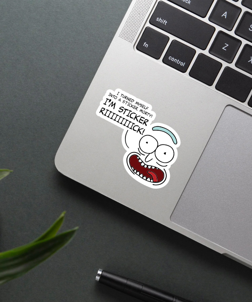 sticker rick sticker on laptop surface showing cartoon character with funny quote