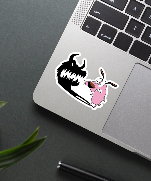 courage the cowardly dog shadow ghost sticker on laptop surface showing scared dog and shadow