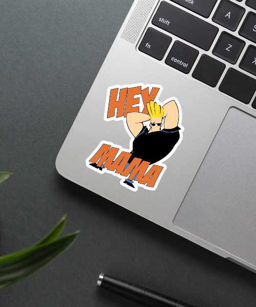 johnny bravo cartoon sticker on laptop surface showing muscular pose and bold orange text