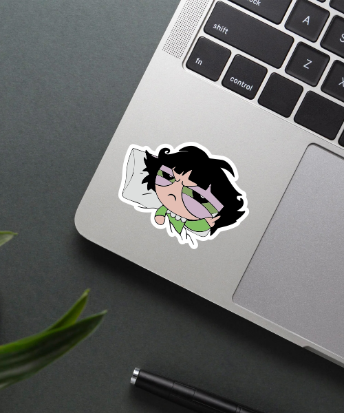 sleepy buttercup sticker on laptop showing tired cartoon character with pillow