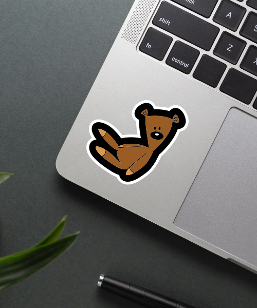 cute teddy sticker on water bottle showing simple brown bear cartoon