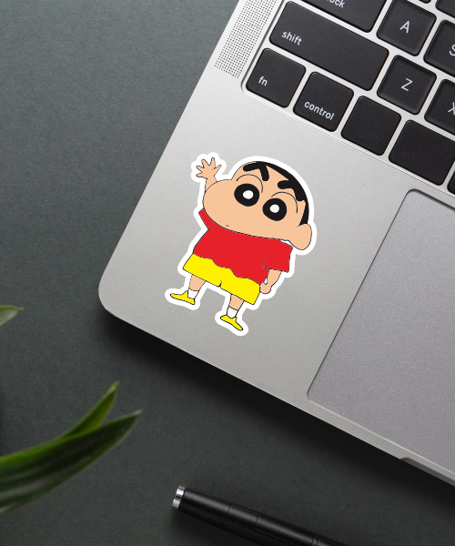 shinchan waving sticker on laptop showing cartoon character with red shirt and yellow shorts
