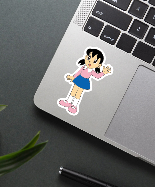 shizuka cartoon sticker on water bottle surface showing vibrant colors and clean design