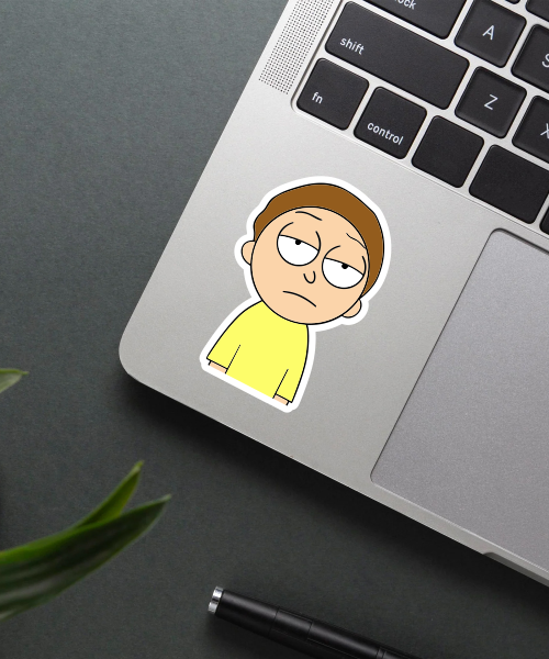 morty sticker on laptop surface showing simple design and bold colors