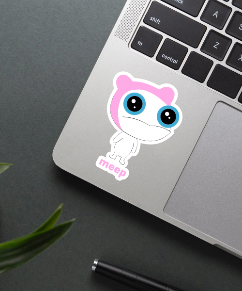 meep sticker on laptop surface showing quirky character and bold pink text