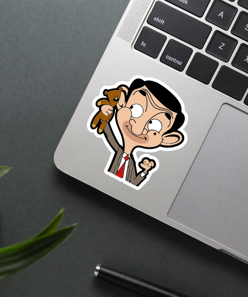 mr bean with teddy sticker on laptop surface showing vibrant colors and clear details