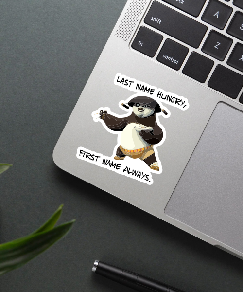 hungry always cartoon sticker on laptop surface showing Po holding dumplings with funny text