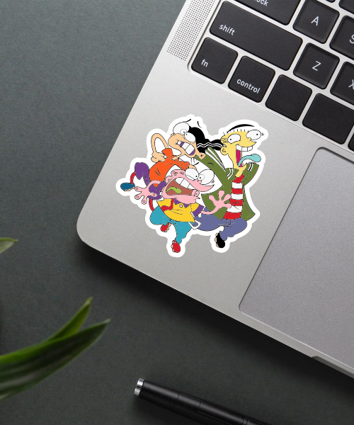 ed edd and eddy sticker on laptop surface showing colorful characters with crazy expressions