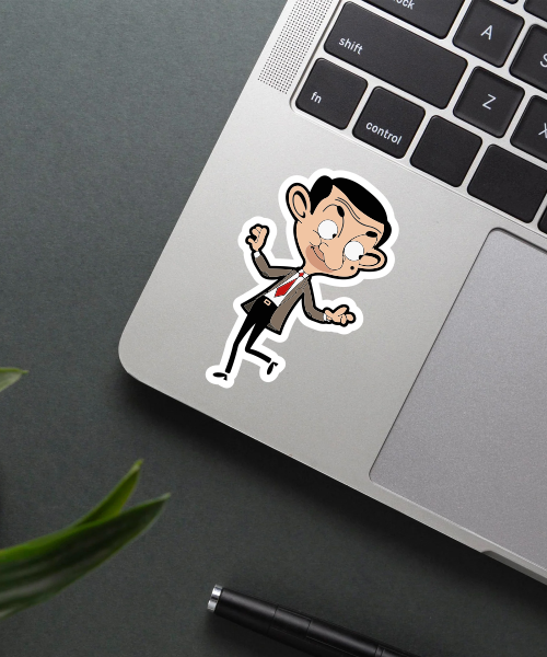 mr bean dancing sticker on laptop surface showing classic suit and fun pose
