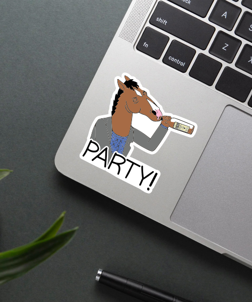 bojack party sticker on laptop surface showing horse character drinking and PARTY text