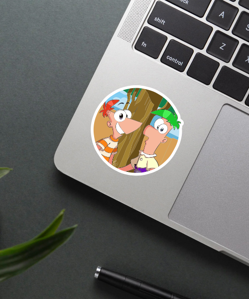 phineas and ferb cartoon sticker on laptop surface showing bright colors and cheerful design