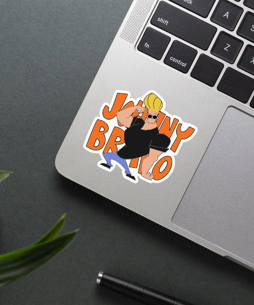 johnny bravo cartoon sticker on laptop surface showing muscular pose and bright orange text