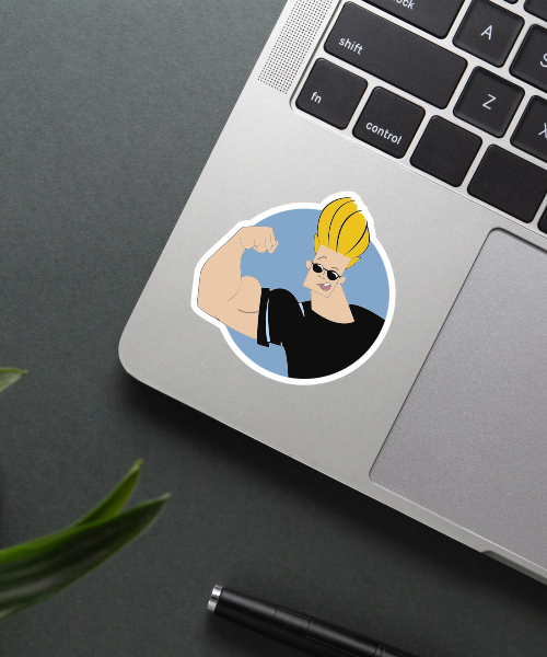 johnny bravo cartoon sticker on laptop showing muscular biceps and sunglasses