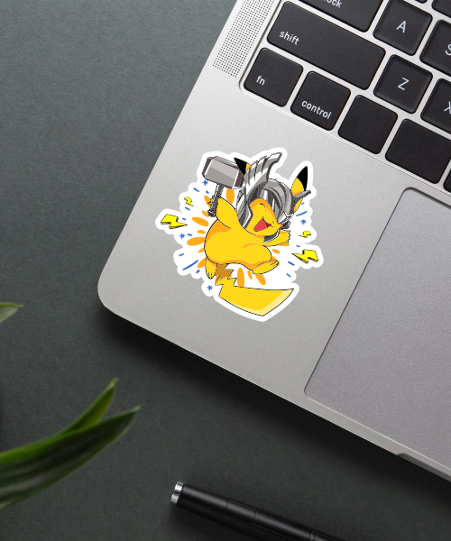 armored pikachu sticker on laptop surface showing thor helmet and lightning hammer
