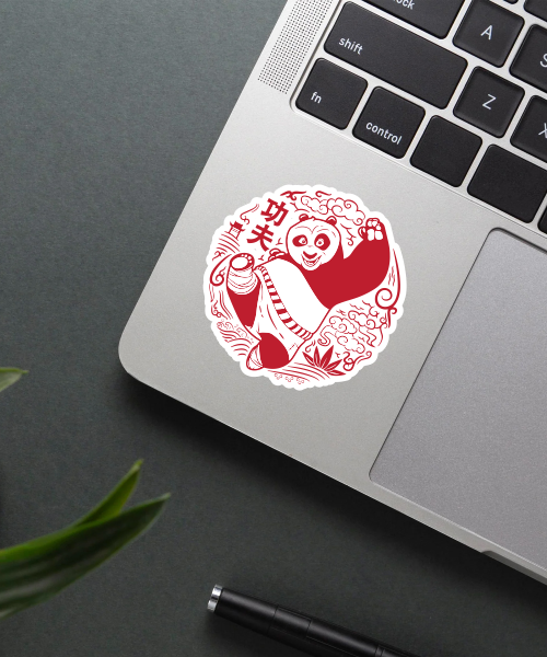 kung fu panda sticker on water bottle surface showing vibrant red and white colors
