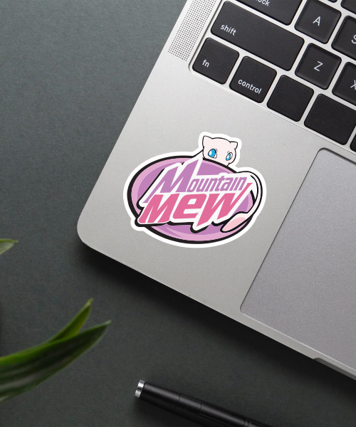 mountain mew sticker on laptop showing pokemon character with purple mountain and pink text
