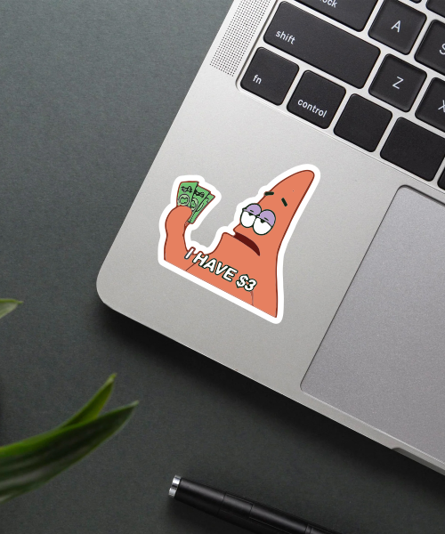 patrick cartoon sticker on laptop surface showing holding cash and text