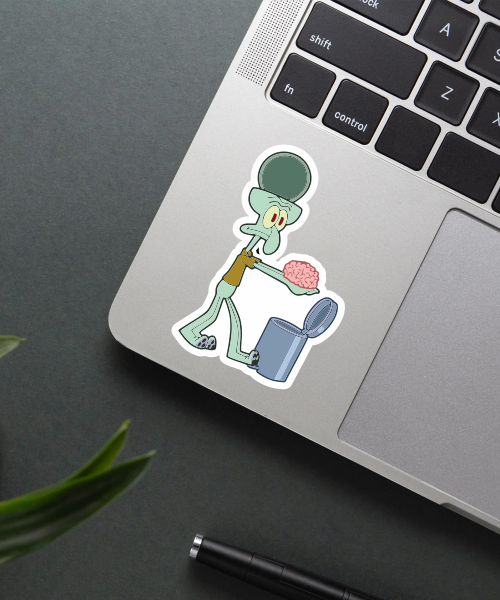squidward throwing brain vinyl sticker on phone case showing clear colors and design