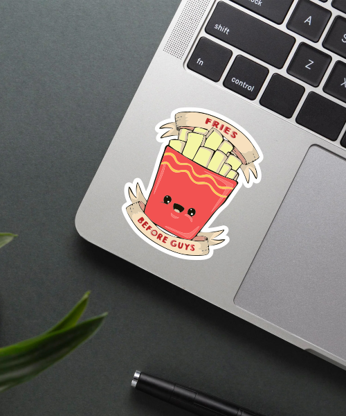 Fries Before Guys Sticker on a laptop surface.