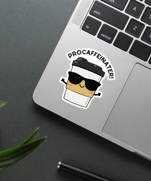 Procaffeinater Coffee Sticker on a coffee mug.