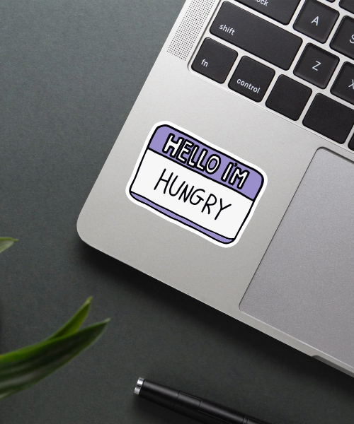 Hello I'm Hungry Sticker on a water bottle.