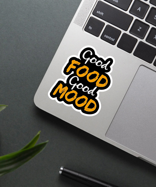 Good Food Good Mood sticker on a phone surface.