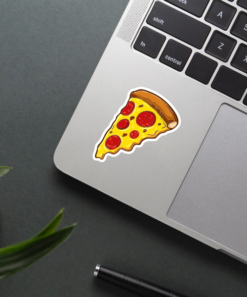 Pizza slice sticker on a laptop surface.