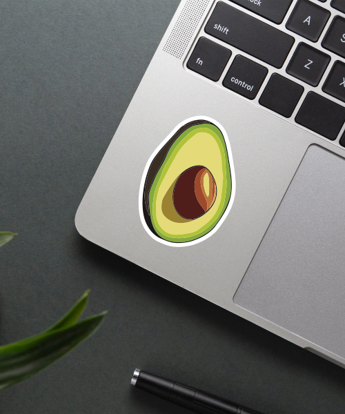 Avocado sticker on a water bottle surface.