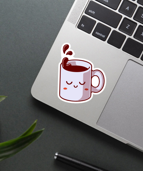 Cute sleepy mug coffee sticker on a laptop surface.