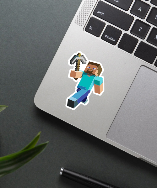 Minecraft Steve sticker on a phone surface.