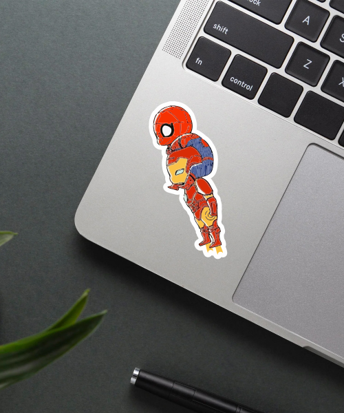 spidey ride sticker on laptop showing baby spiderman and iron man