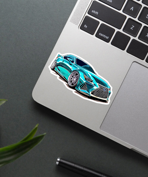blue lexus rc sports car moto enthusiast sticker on laptop surface