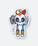 music sticker with cartoon skull wearing cap and boombox