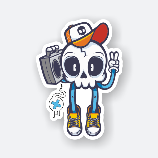 music sticker with cartoon skull wearing cap and boombox