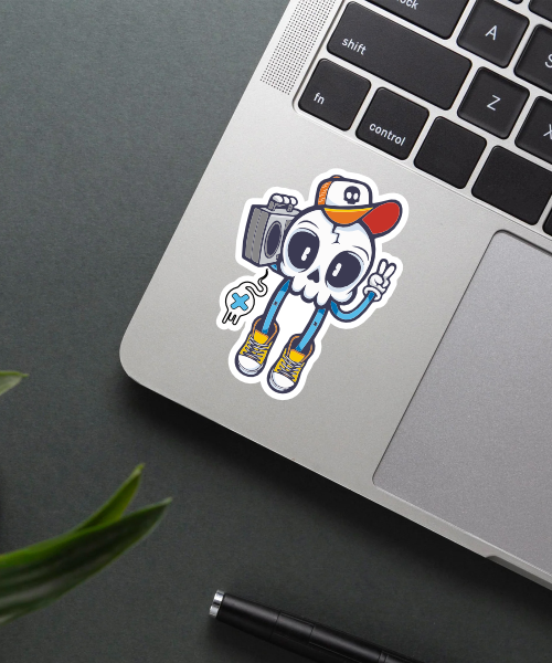 music sticker with cartoon skull wearing cap and boombox on laptop surface