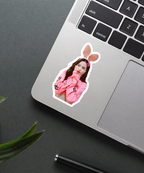 cute jisoo black pink sticker on laptop surface showing pink bunny ears and bright colors