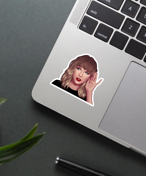 cute taylor swift vinyl sticker on phone case showing cartoon style and listening pose