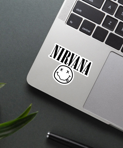 Nirvana music sticker on a water bottle showing the black and white smiley face logo
