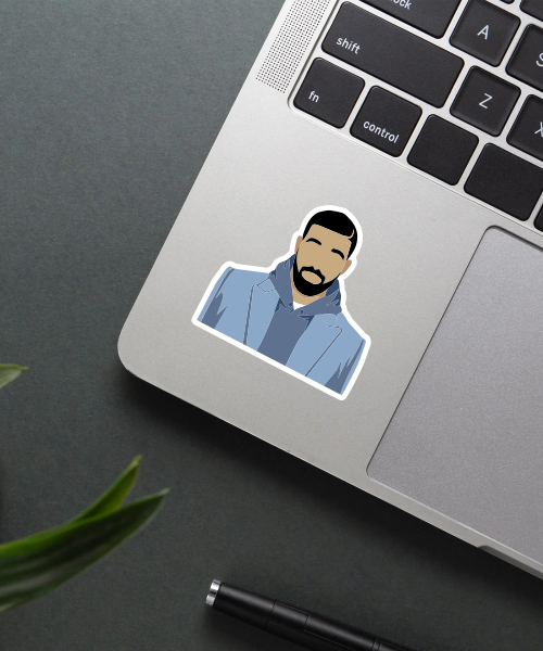 Drake music sticker on a phone case showing the minimalist portrait in blue hoodie