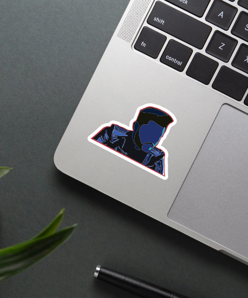 the weeknd starboy sticker on laptop surface showing dark blue stylized design