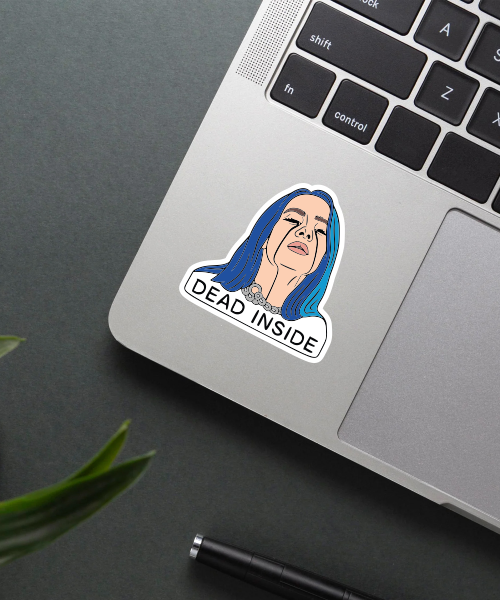 billie eilish music sticker on water bottle showing blue hair portrait and black tears