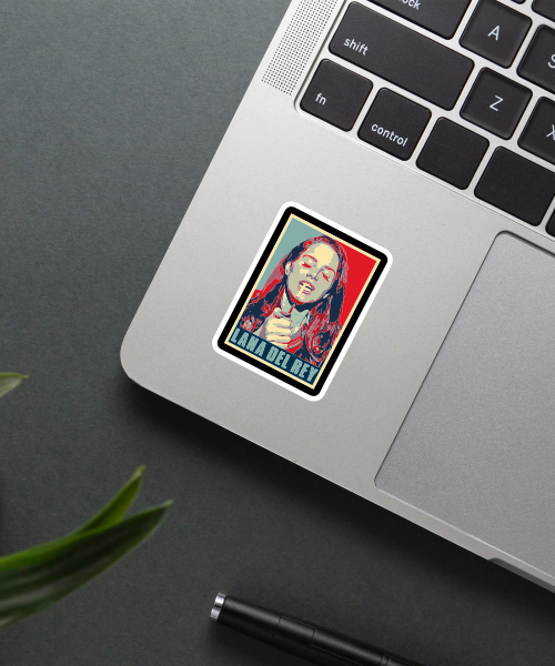 lana del rey vinyl sticker on laptop surface showing moody portrait and bold colors