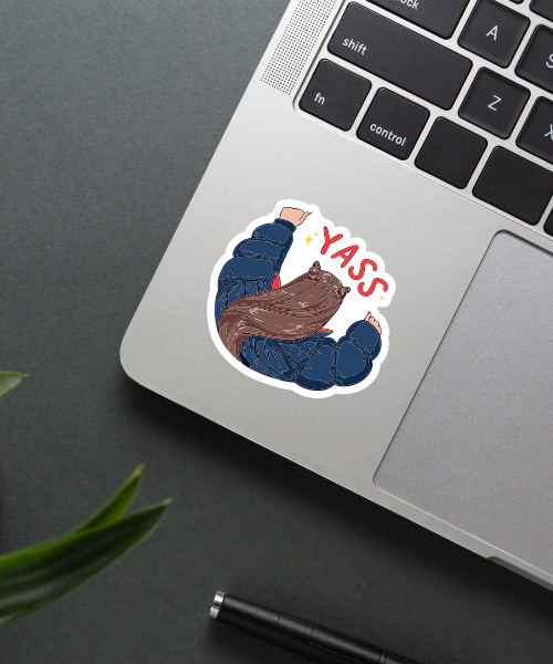 ariana grande yass vinyl sticker on water bottle showing raised hands and red YASS text